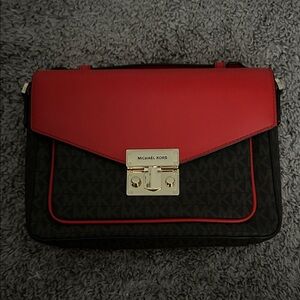 Michael Kors Red and Black MK Signature Crossbody with Gold Hardware